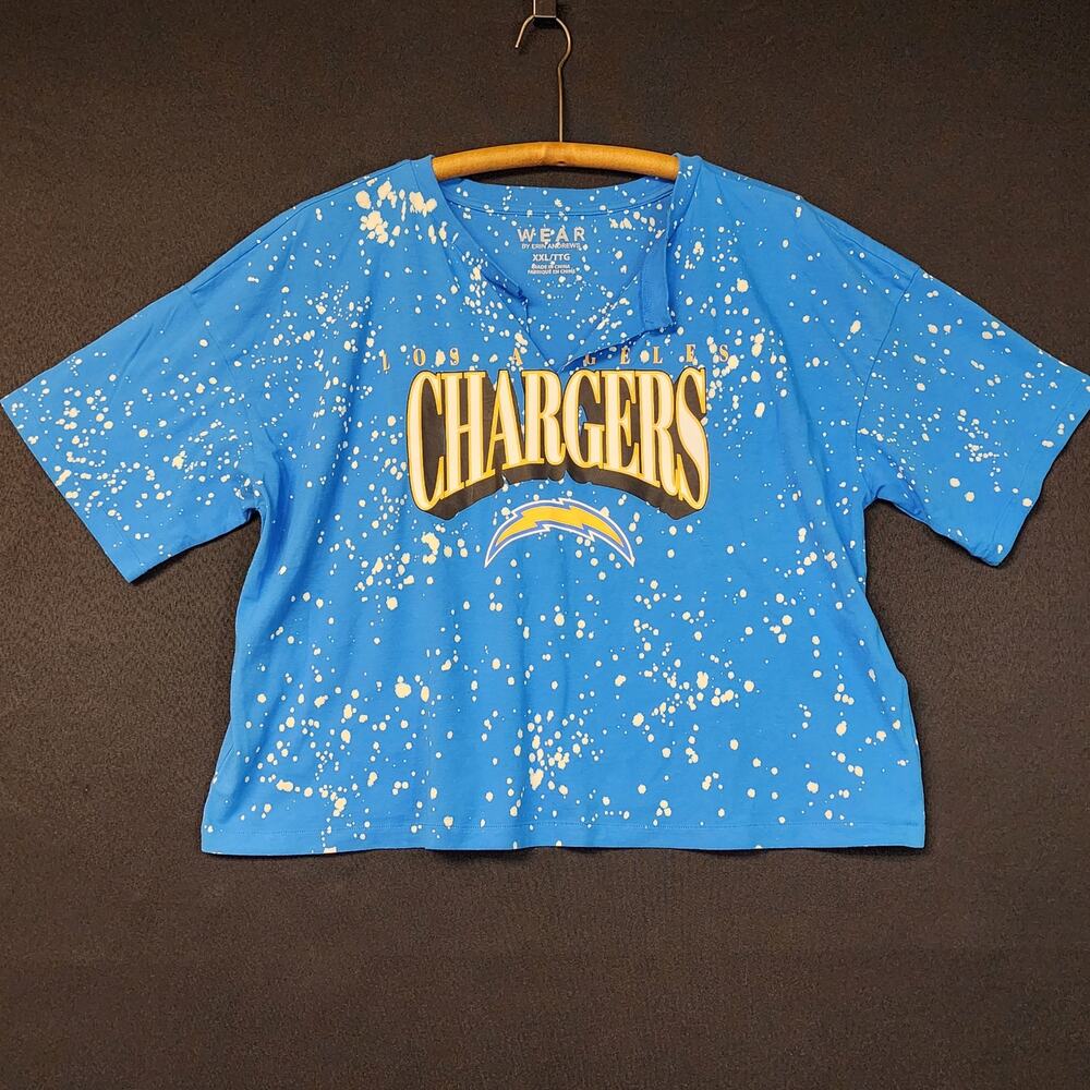 Women's LA Chargers WEAR By Erin Andres Blue Bleach Wash Splatter Crop Top XXL
